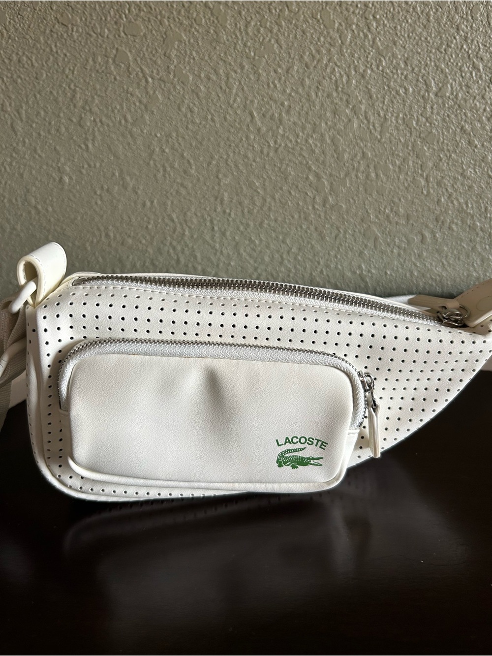 Lacoste White Perforated Leather Crossbody Bag with Green Logo